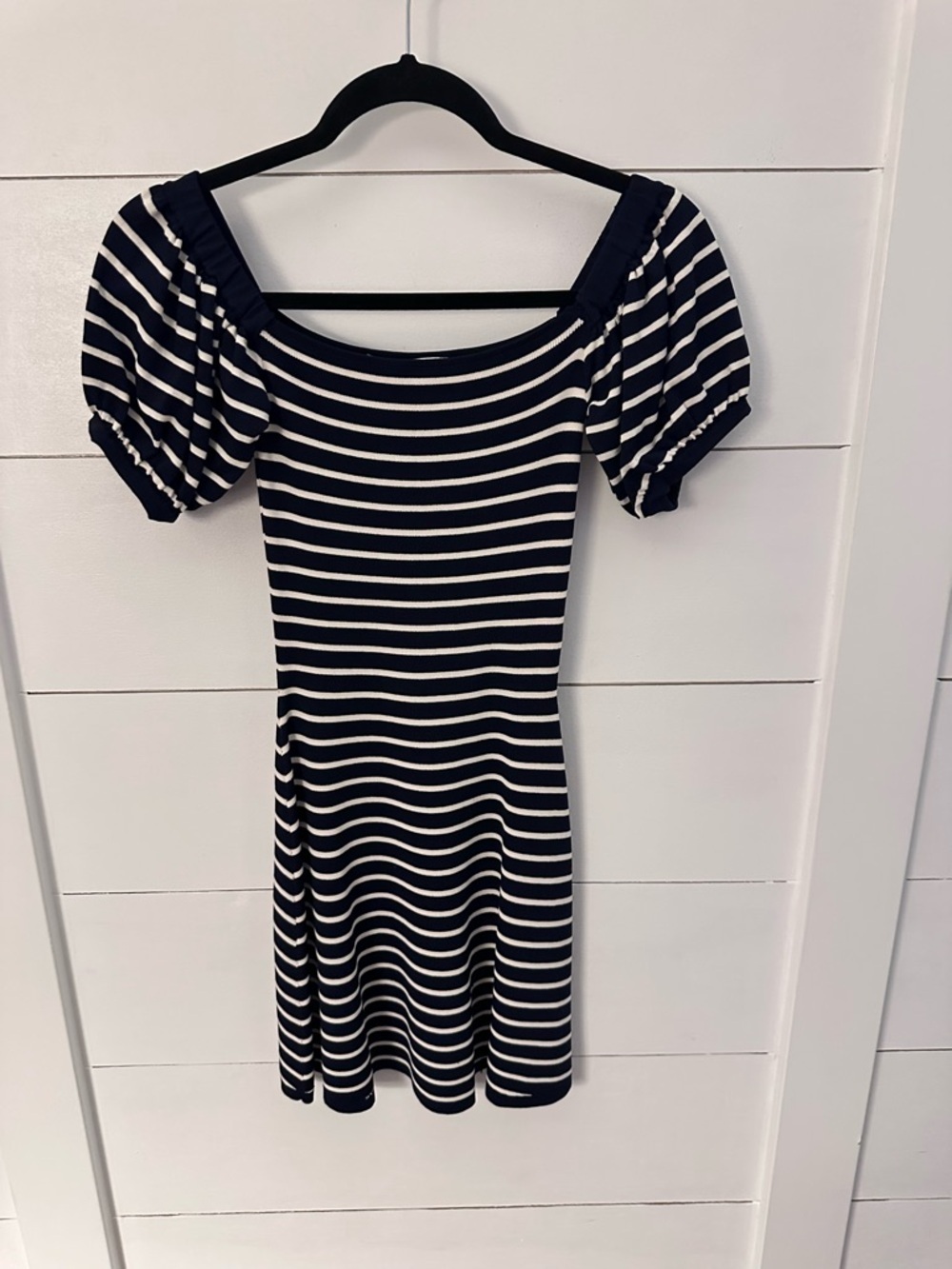 Zara S Junior puff off the shoulder sleeve navy-white stripe stretch midi dress - Picture 2 of 11